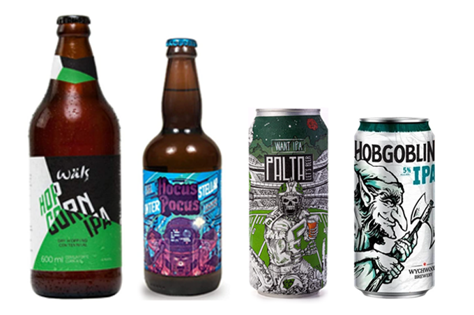 Imagem de quatro cervejas. Da esquerda para direita: Wälls Hop Corn IPA, Leuven Belgian IPA Dragon, Palta Want IPA e Hobgoblin IPA.