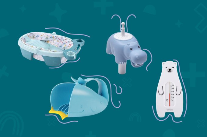 Banheirinha, ducha de hipopótamo, enxaguador de baleia e termômetro de urso sobre fundo azul